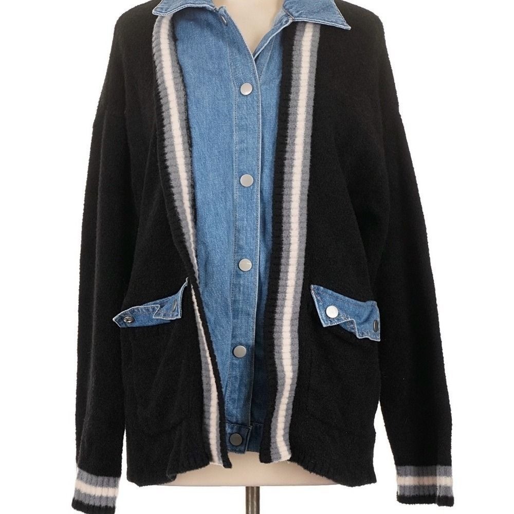 NVLT Cardigan Womens Large Black Excellent Denim Layered Mixed Media Sweater